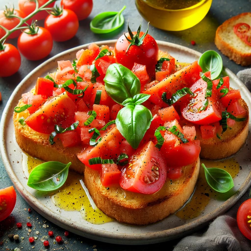 Bruschetta de TomateBruschetta de tomate y albahaca sobre pan crujiente.