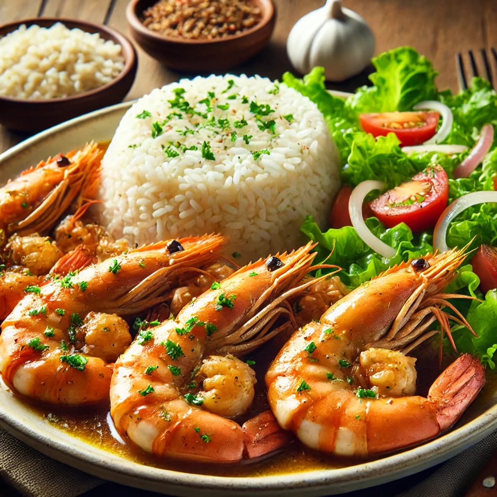 Camarones al AjilloCamarones al ajillo con arroz y ensalada.