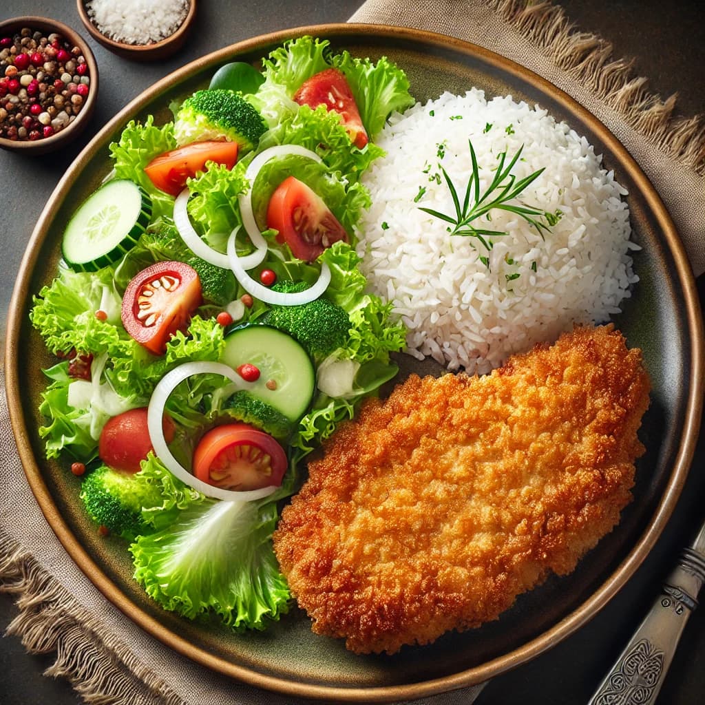 Chuleta EmpanizadaChuleta de cerdo empanizada con ensalada y arroz.