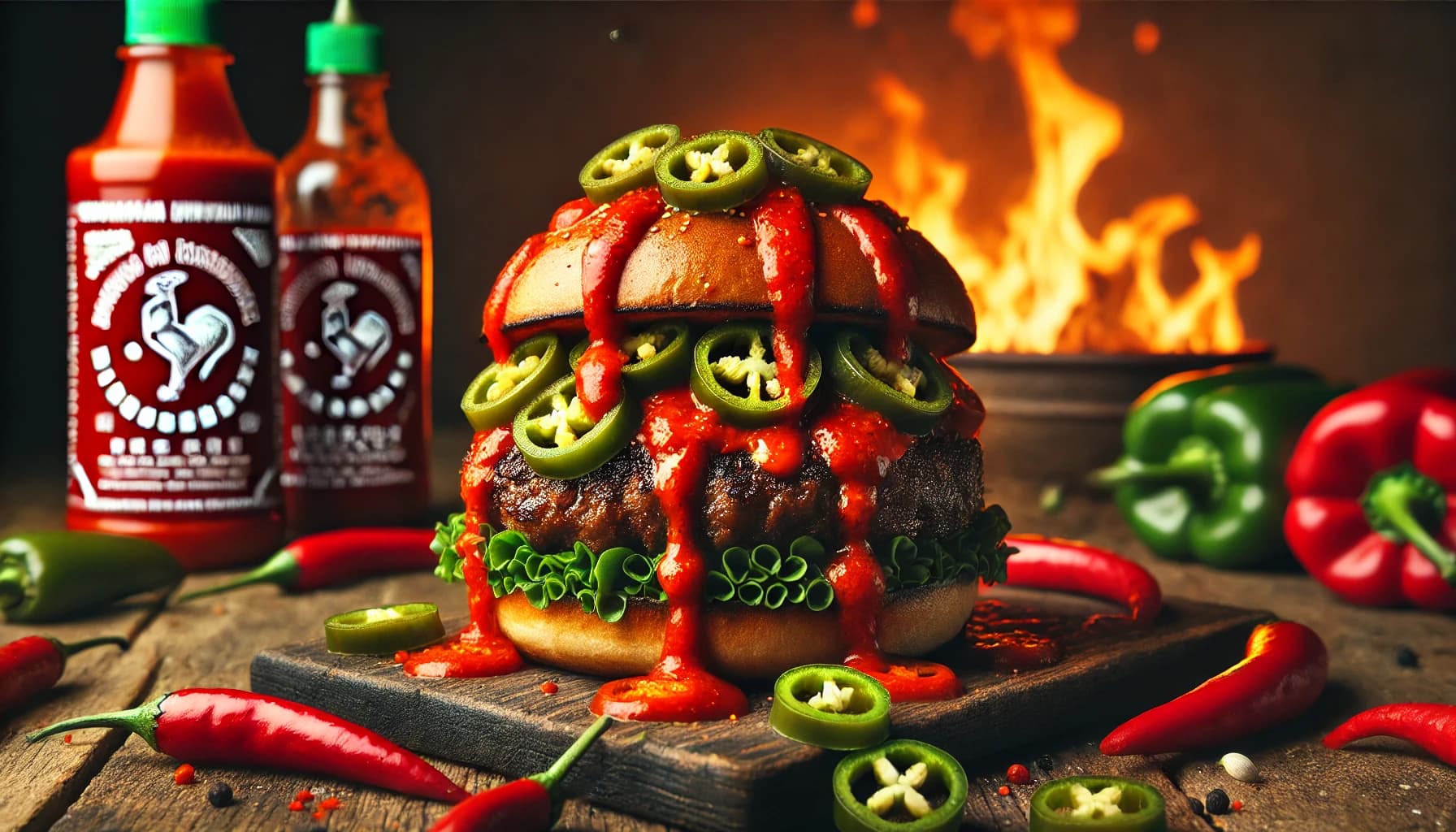 Hamburguesa SrirachaHamburguesa picante con salsa sriracha y jalapeños.