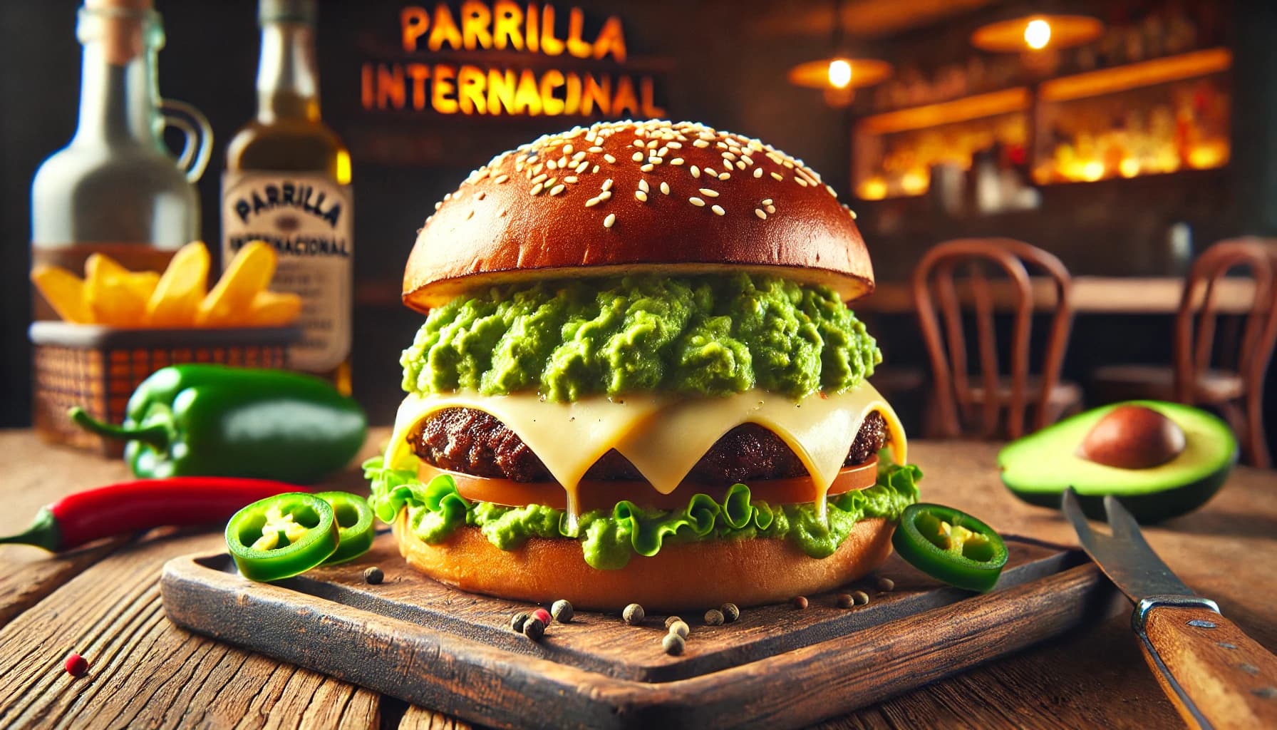 Hamburguesa con GuacamoleHamburguesa con guacamole, jalapeños y queso suizo.