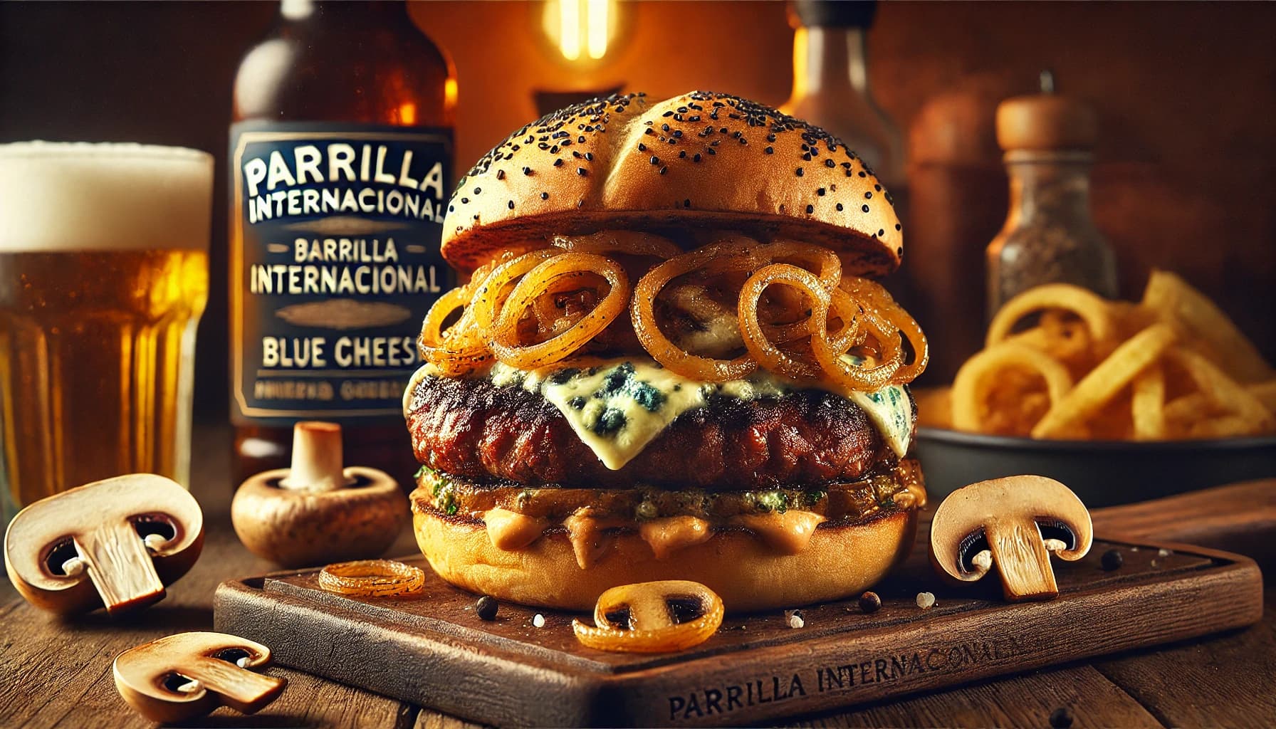 Hamburguesa con Queso AzulHamburguesa con queso azul, cebolla caramelizada y champiñones.