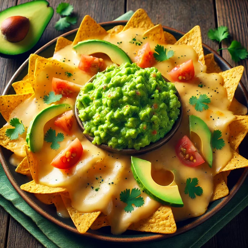 Nachos con GuacamoleNachos con queso derretido y salsa guacamole.