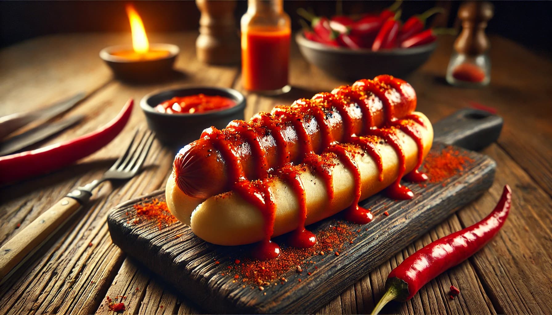 Perro Caliente Picante con AjíPerro caliente con salchicha picante y salsa de ají.