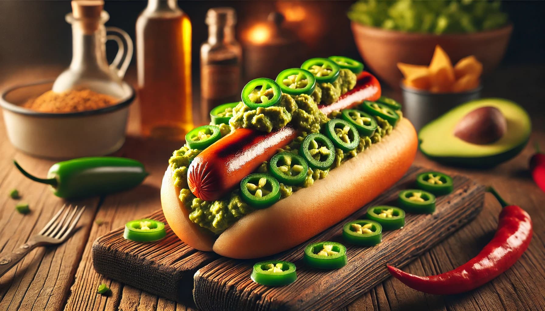 Perro Caliente con Guacamole y JalapeñosPerro caliente con salchicha, guacamole y jalapeños.