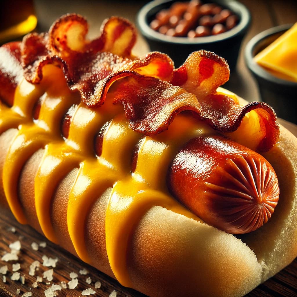 Perro Caliente con Queso Cheddar y Tocino