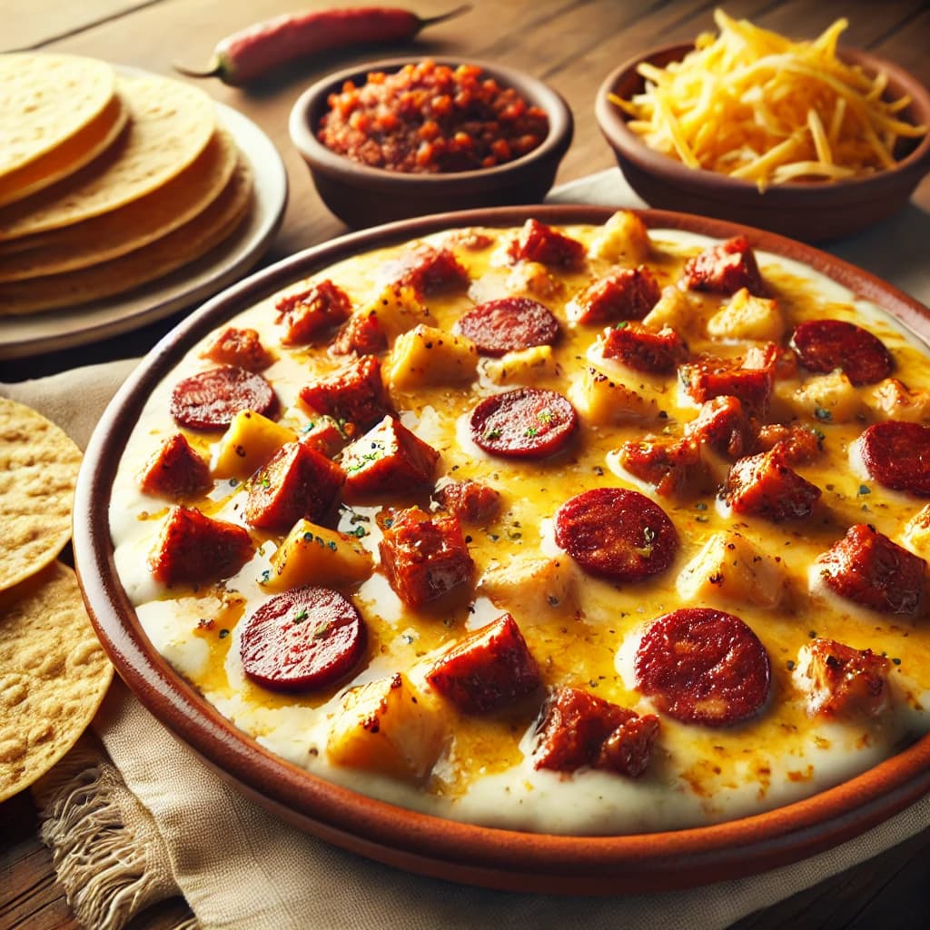 Queso Fundido con ChorizoQueso fundido con chorizo y tortillas de maíz.