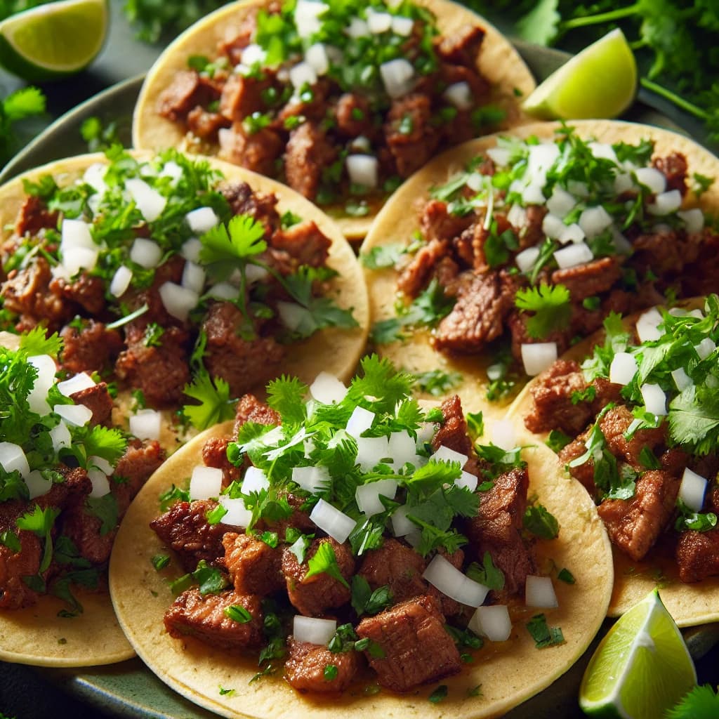 Tacos de CarneTacos pequeños de carne con cebolla y cilantro.